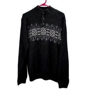 Chaps Mock Neck Sweater size S Men Black Nordic Fair Isle Buttons Wool Blend
